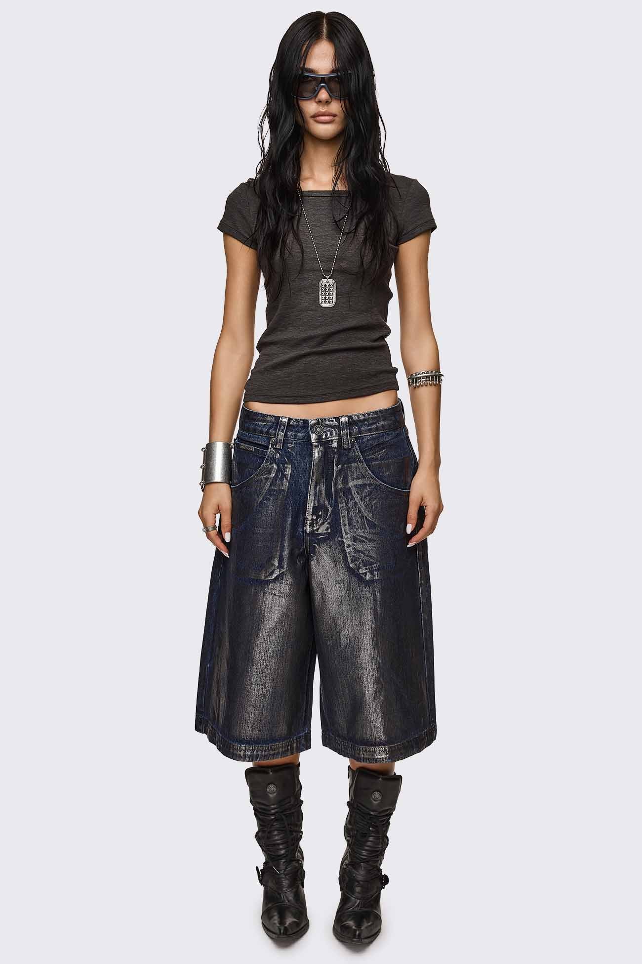 Metallic Coated Blue Denim Jorts