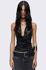 Nila Black Graphic Cowl Top