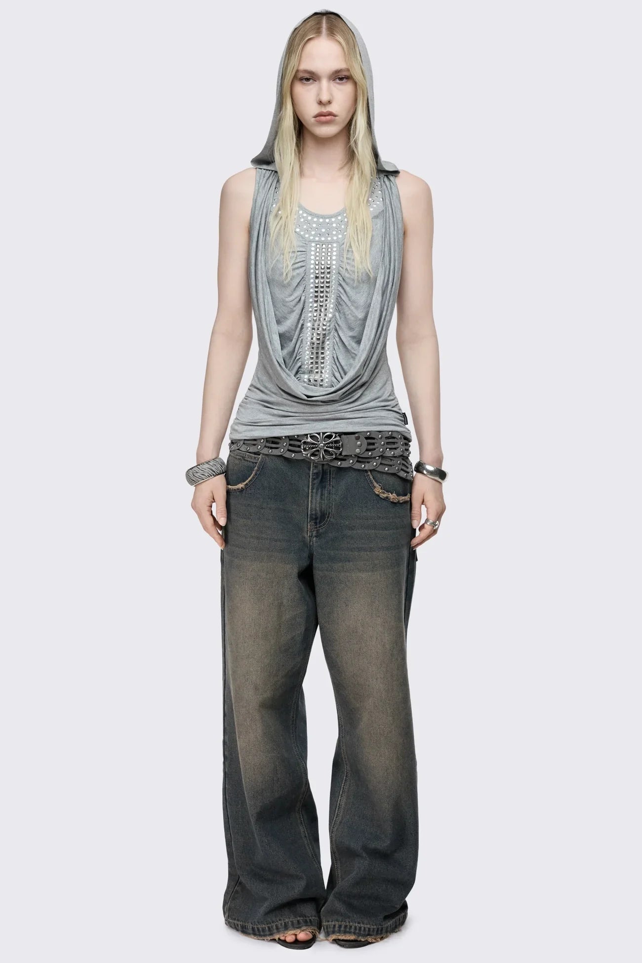 Phoenix Grey Studded Cowl Hood Vest Top