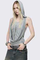 Phoenix Grey Studded Cowl Hood Vest Top