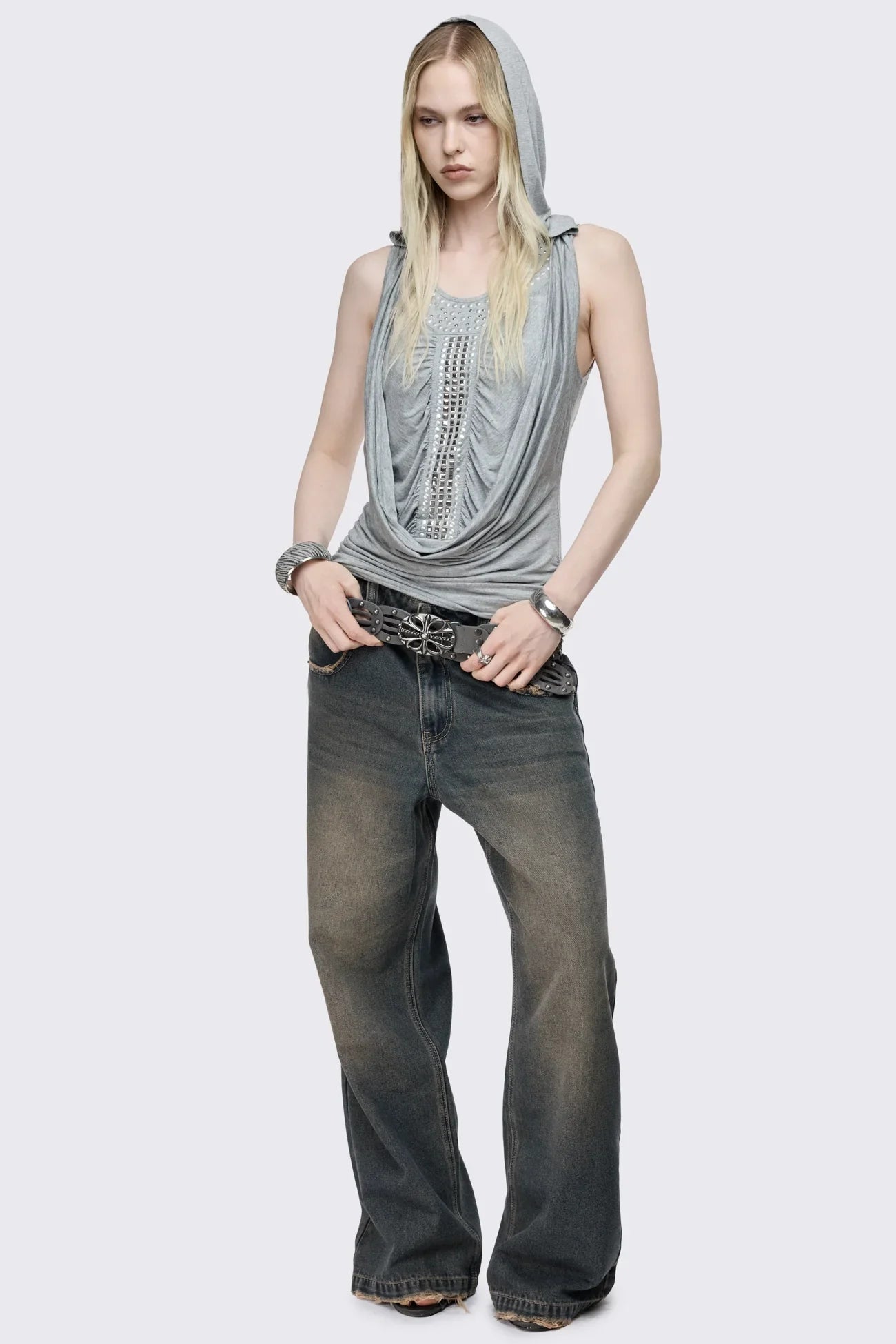 Phoenix Grey Studded Cowl Hood Vest Top