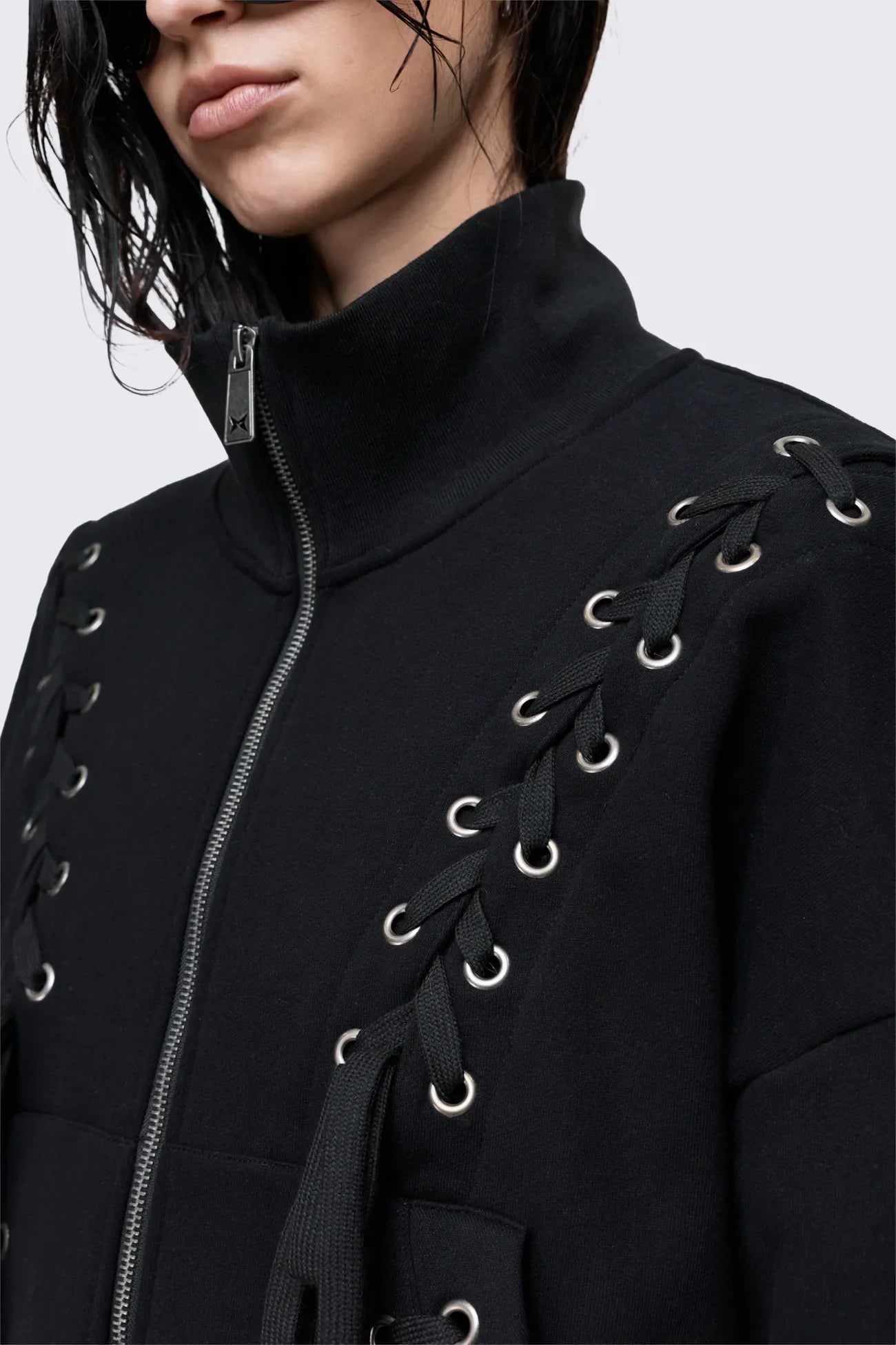Mia Black Lace Up Funnel Zip Up Sweat